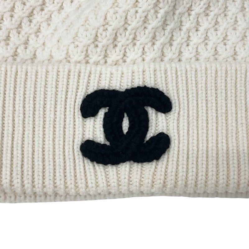 Chanel Cap Hat Cashmere White Black White CC Logo Knit Hat Beanie