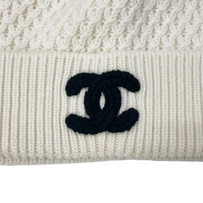 Chanel Cap Hat Cashmere White Black White CC Logo Knit Hat Beanie