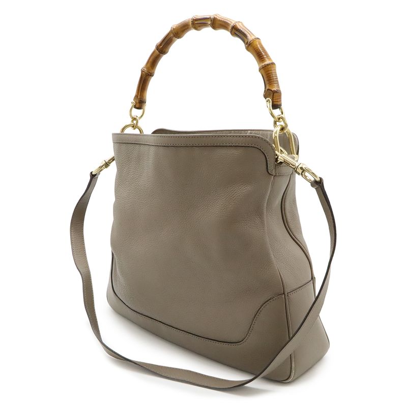 Gucci Bamboo 2-Way Shoulder Bag Crossbody Leather Grey Gold
