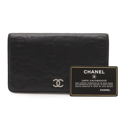 Chanel Camellia Embossed CC Logo Bifold Long Wallet Leather Black