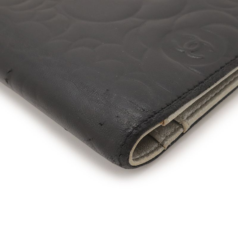 Chanel Camellia Embossed CC Logo Bifold Long Wallet Leather Black