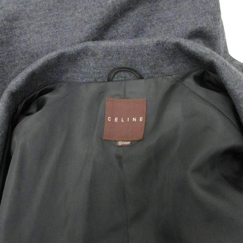 Celine Gown Coat Long Length Raglan Logo Embroidery with Belt Wool M Gray