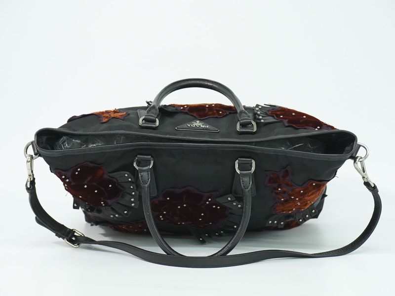 Prada Flower Motif 2-Way Shoulder Bag Tote Nylon Black