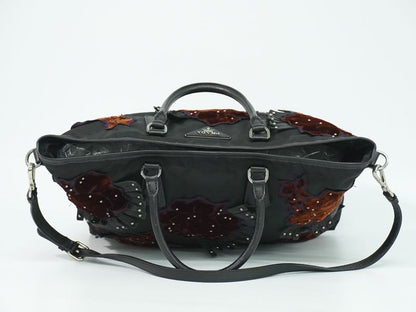 Prada Flower Motif 2-Way Shoulder Bag Tote Nylon Black