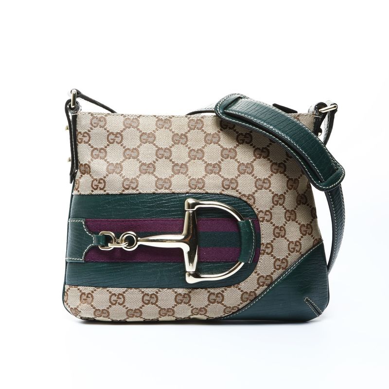 Gucci Shoulder Bag GG Canvas Leather Green Horsebit Brown Gray