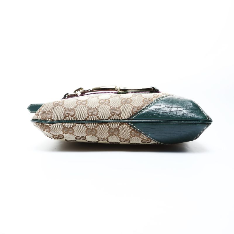 Gucci Shoulder Bag GG Canvas Leather Green Horsebit Brown Gray