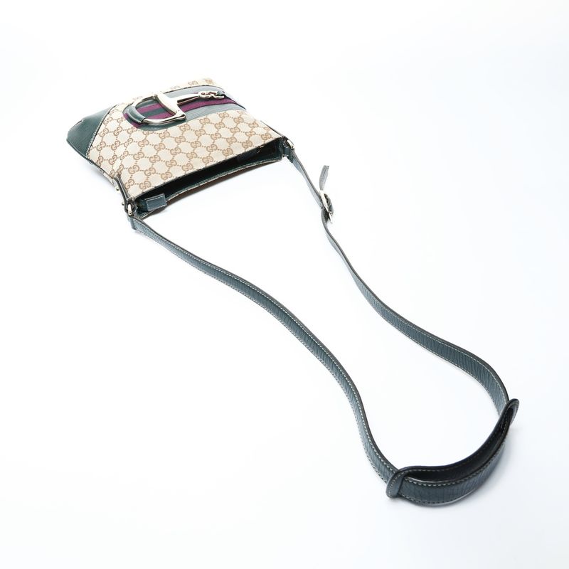 Gucci Shoulder Bag GG Canvas Leather Green Horsebit Brown Gray