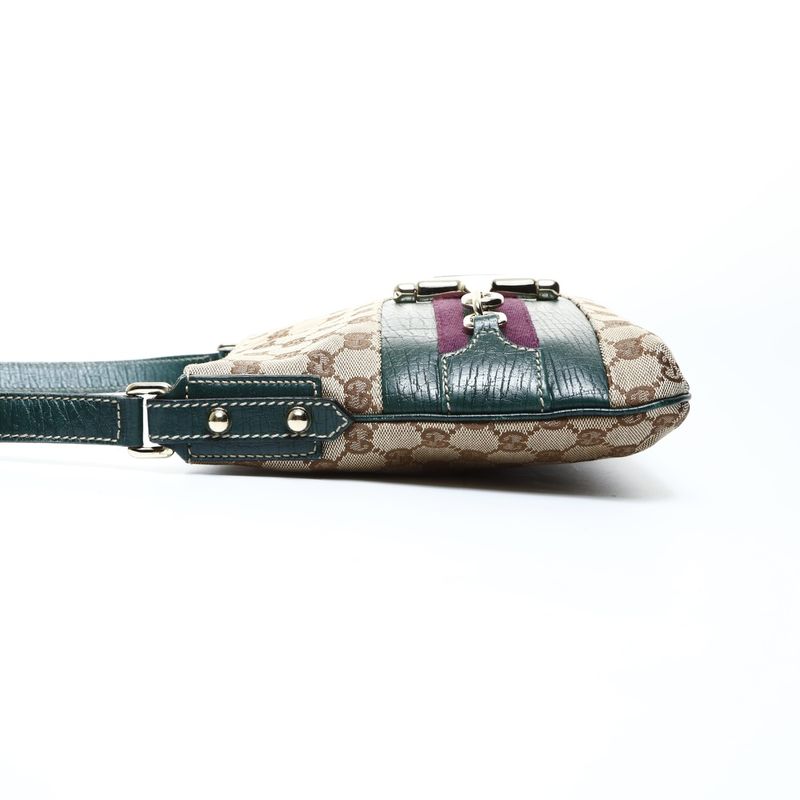 Gucci Shoulder Bag GG Canvas Leather Green Horsebit Brown Gray
