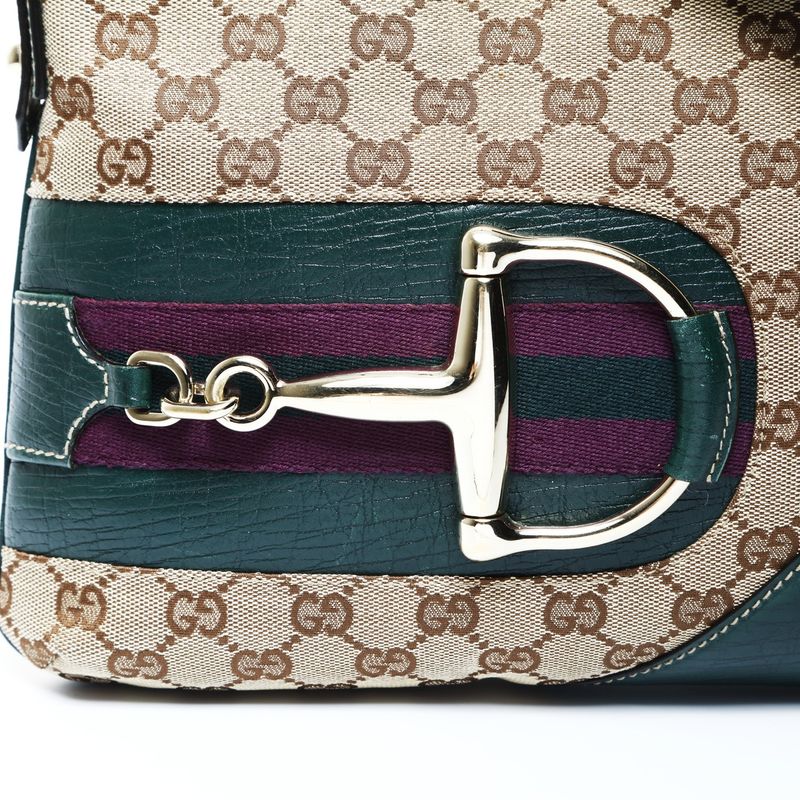 Gucci Shoulder Bag GG Canvas Leather Green Horsebit Brown Gray
