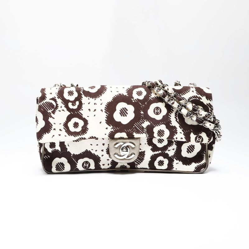 Chanel Shoulder Bag Canvas Camellia Flap Chain Beige Brown