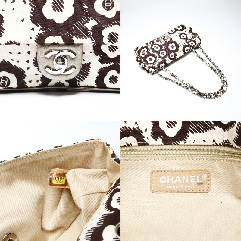 Chanel Shoulder Bag Canvas Camellia Flap Chain Beige Brown