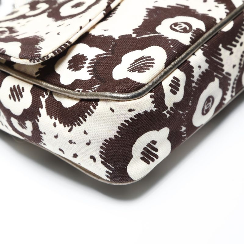 Chanel Shoulder Bag Canvas Camellia Flap Chain Beige Brown