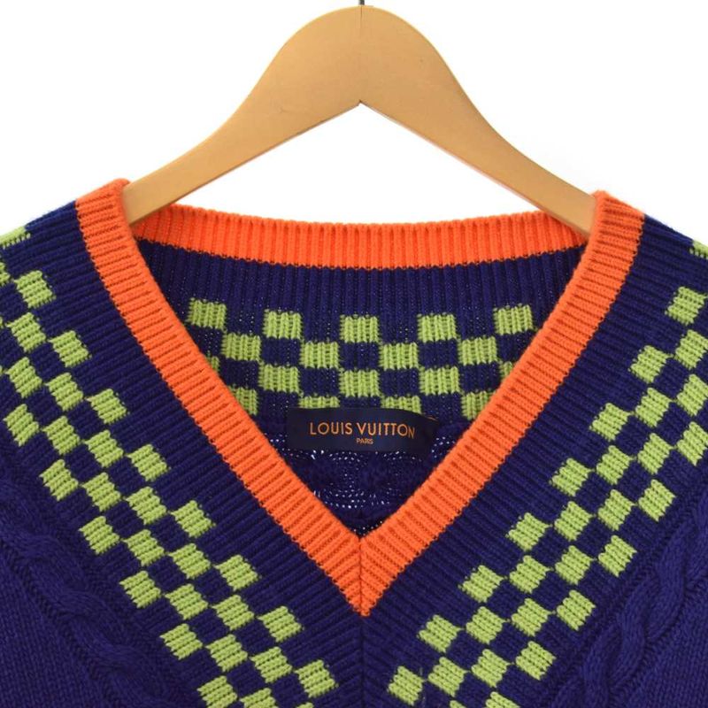 Louis Vuitton Damier V-neck Knit Sweater Cashmere Blend L Blue