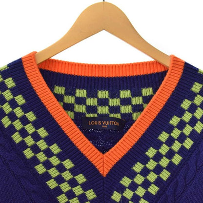Louis Vuitton Damier V-neck Knit Sweater Cashmere Blend L Blue