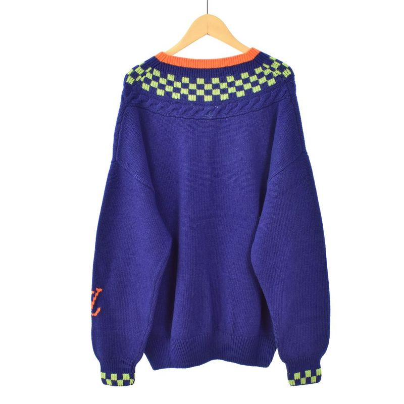Louis Vuitton Damier V-neck Knit Sweater Cashmere Blend L Blue
