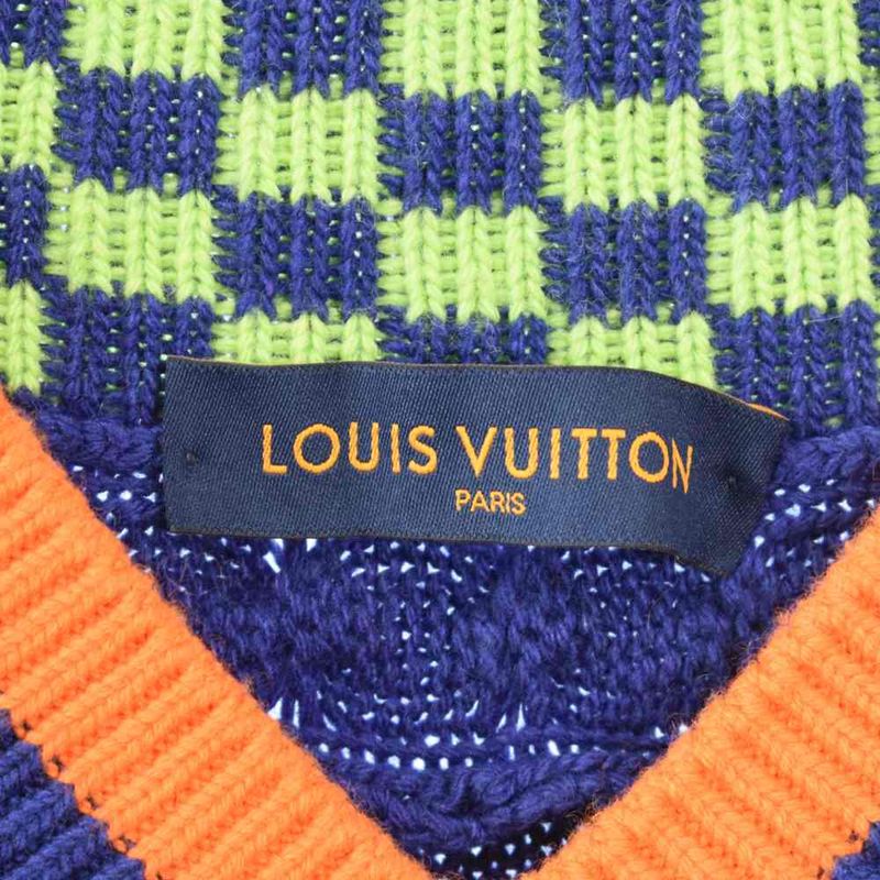 Louis Vuitton Damier V-neck Knit Sweater Cashmere Blend L Blue