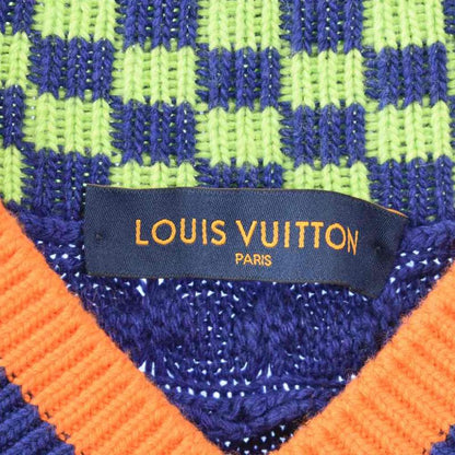 Louis Vuitton Damier V-neck Knit Sweater Cashmere Blend L Blue