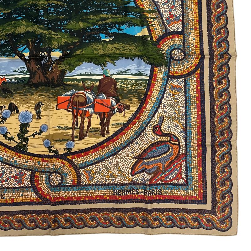 Hermes Carre 90 Under the Himalayan Cedar Sous le Cedre Silk Scarf Beige Box