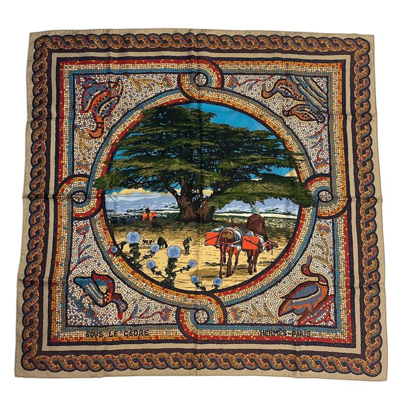 Hermes Carre 90 Under the Himalayan Cedar Sous le Cedre Silk Scarf Beige Box