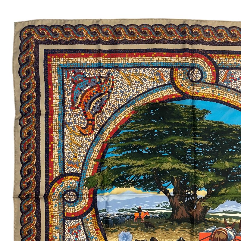 Hermes Carre 90 Under the Himalayan Cedar Sous le Cedre Silk Scarf Beige Box