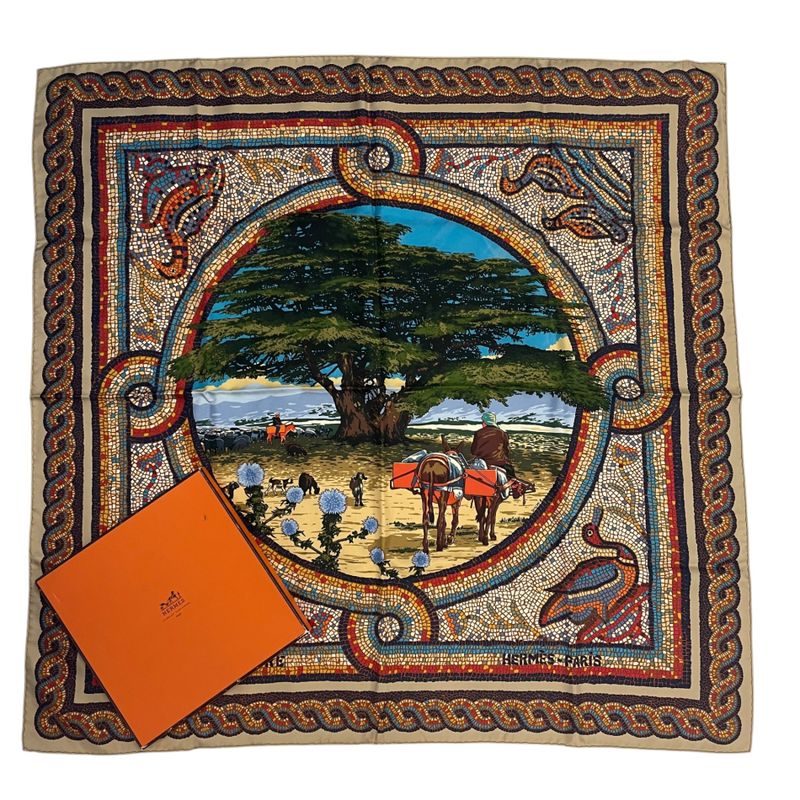 Hermes Carre 90 Under the Himalayan Cedar Sous le Cedre Silk Scarf Beige Box