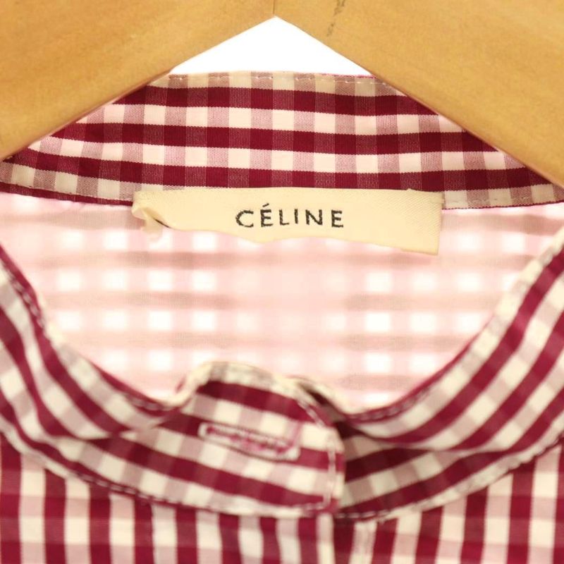 Celine Phoebe Season Check Collar Stand Collar L S Cotton Shirt Blouse 36 Red