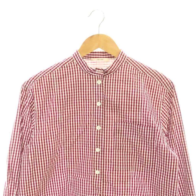 Celine Phoebe Season Check Collar Stand Collar L S Cotton Shirt Blouse 36 Red