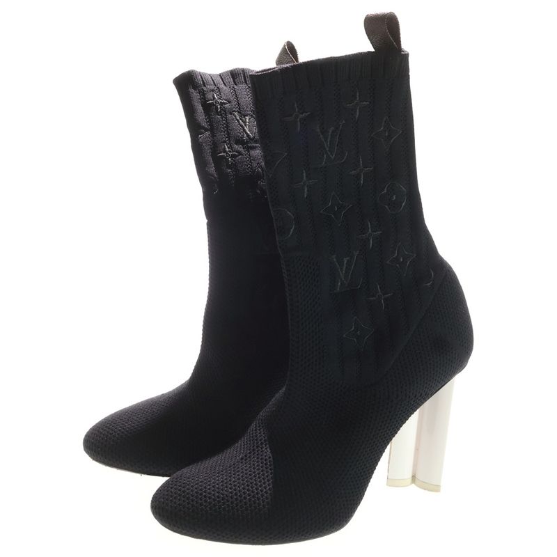 Louis Vuitton Silhouette Line Monogram Embroidery Heel Ankle Boots Shoes Black