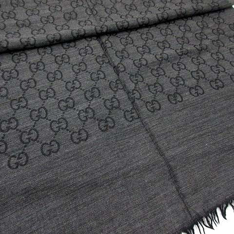 Gucci GG Pattern Wool Silk Large Shawl Gray Black