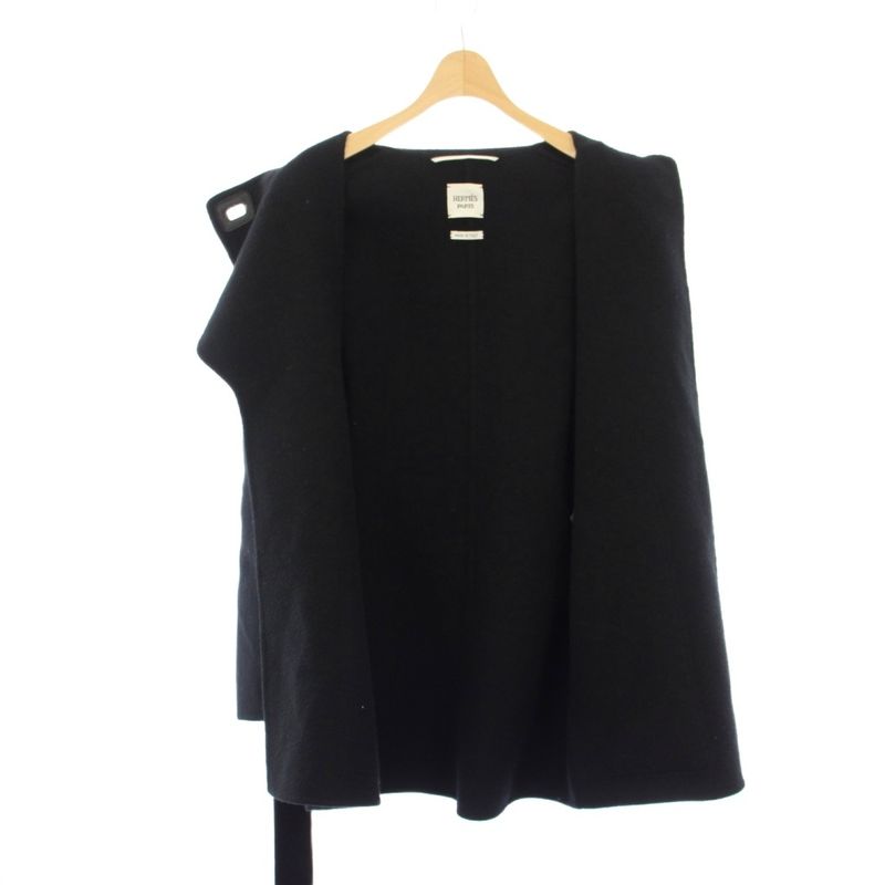 Hermes Cashmere Double Face Coat Middle Length 36 Black KH