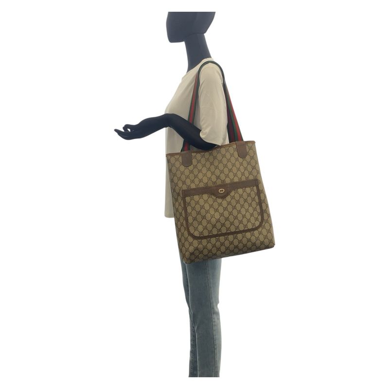 Gucci Vintage Sherry Line Beige Brown GG Supreme Canvas Leather Tote