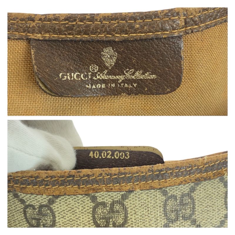Gucci Vintage Sherry Line Beige Brown GG Supreme Canvas Leather Tote