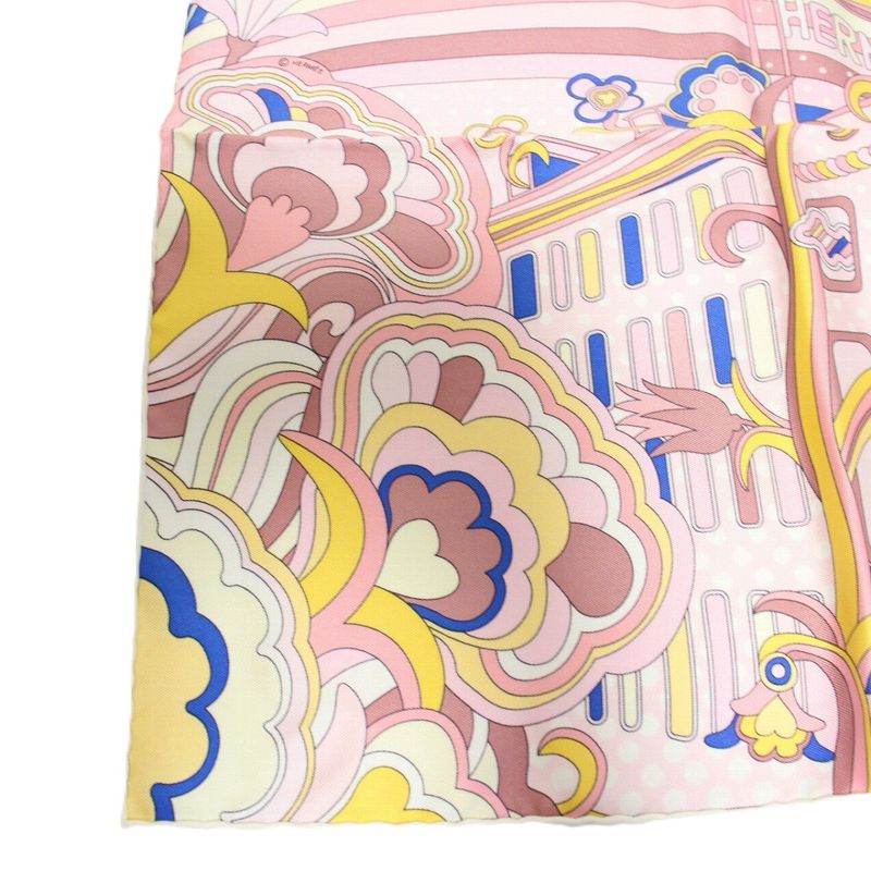 Hermes Carre 45 Gavroche Faubourg Rainbow Silk Pink Scarf
