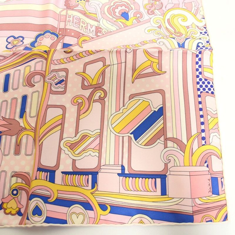 Hermes Carre 45 Gavroche Faubourg Rainbow Silk Pink Scarf