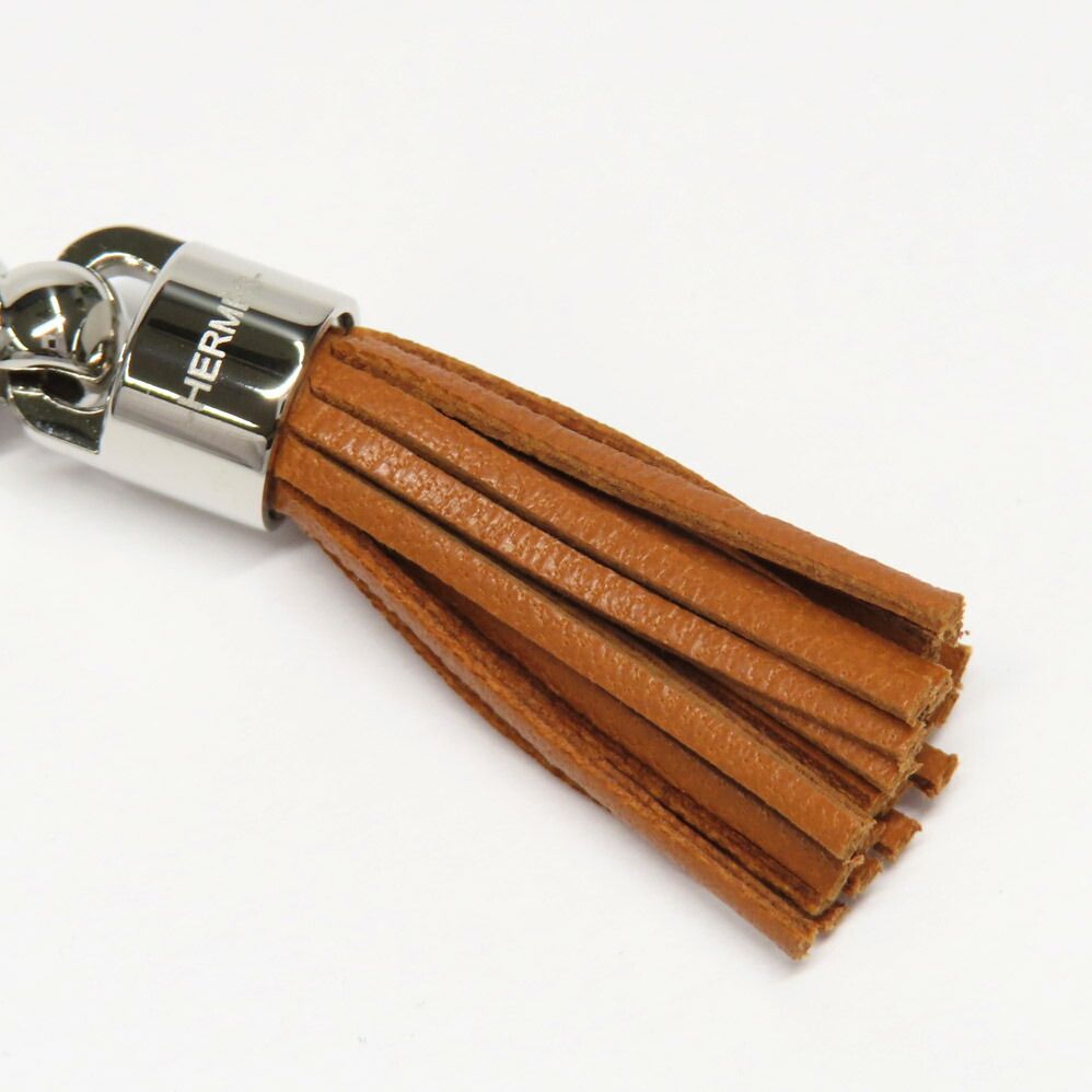 Hermes Twilly Ring Cell Pom Pom Pon Brown Silver Leather Scarf