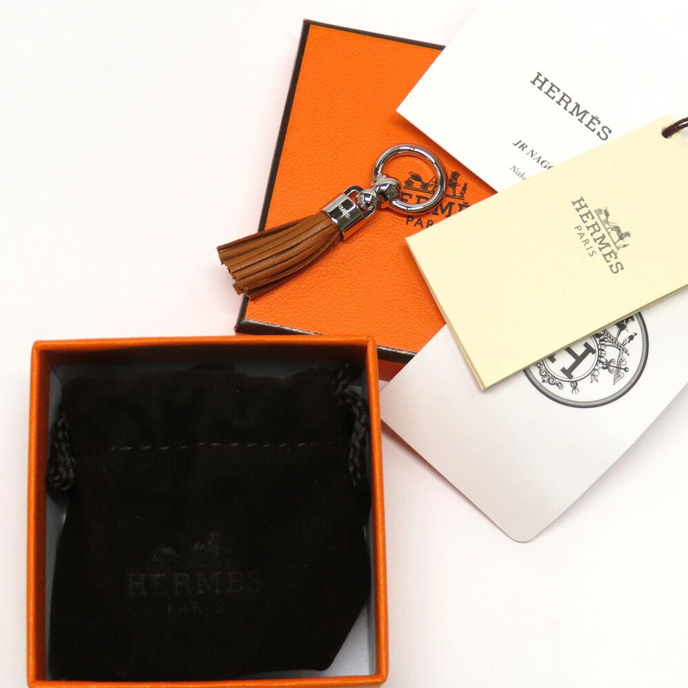 Hermes Twilly Ring Cell Pom Pom Pon Brown Silver Leather Scarf
