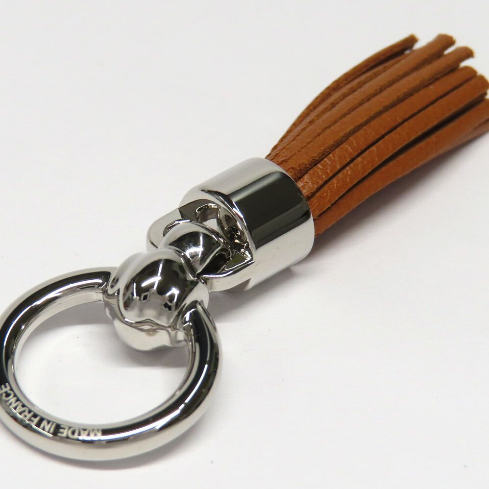 Hermes Twilly Ring Cell Pom Pom Pon Brown Silver Leather Scarf