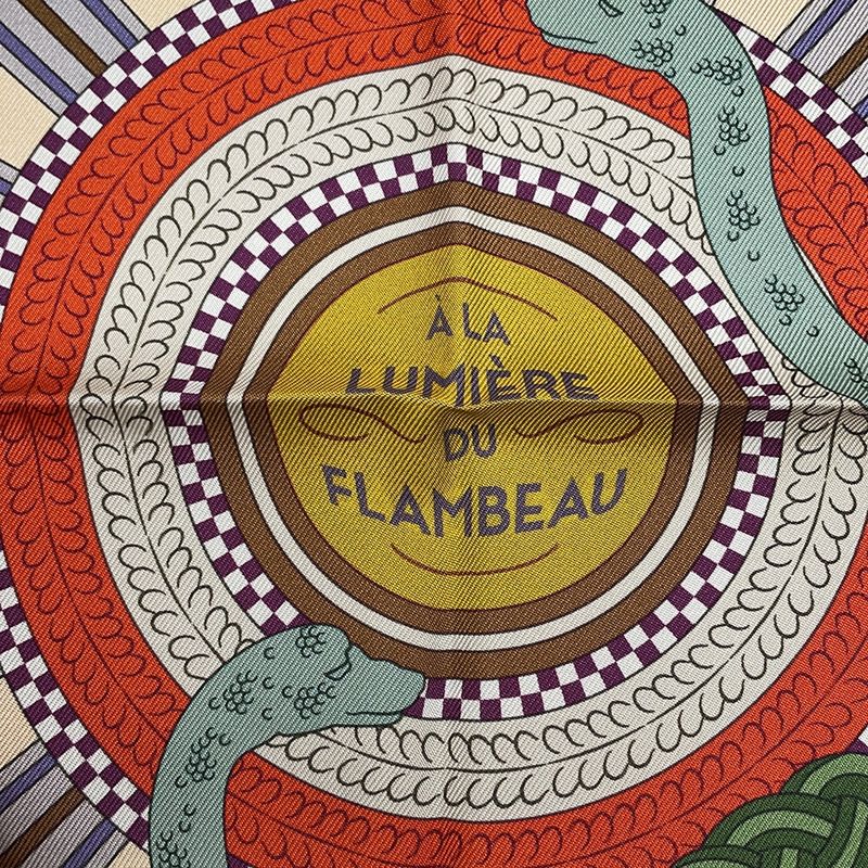 Hermes Scarf Carre 90 Double Face Torchlight a la Lumiere du Flambeau Cream Mordre Blue Labande