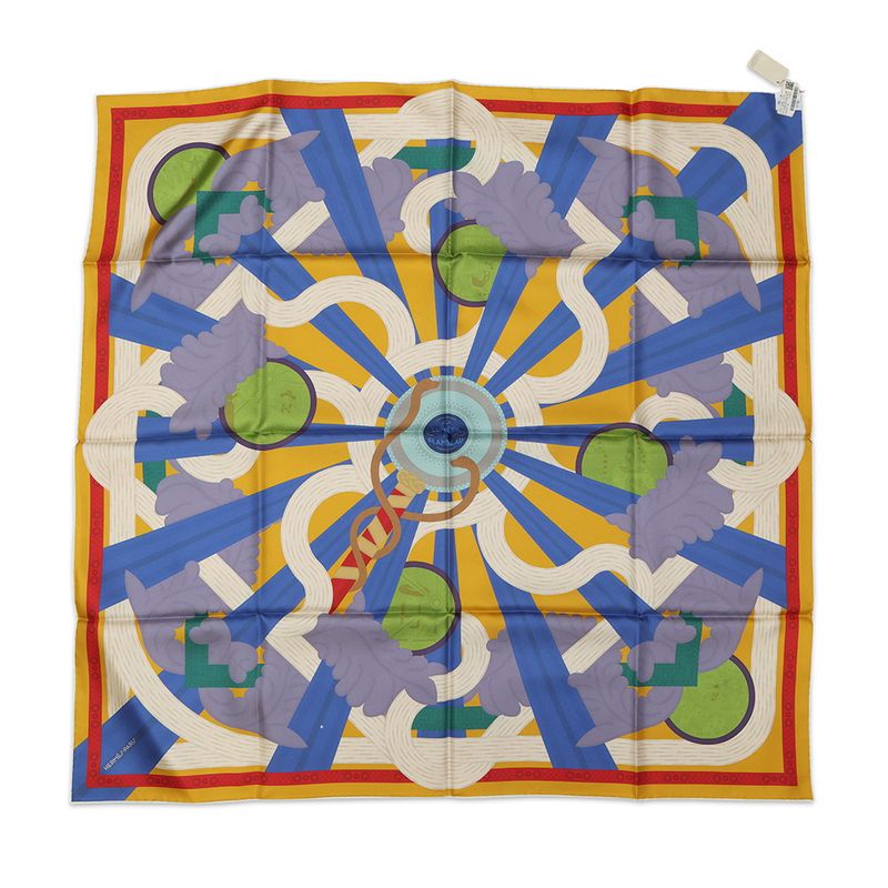 Hermes Scarf Carre 90 Double Face Torchlight a la Lumiere du Flambeau Cream Mordre Blue Labande