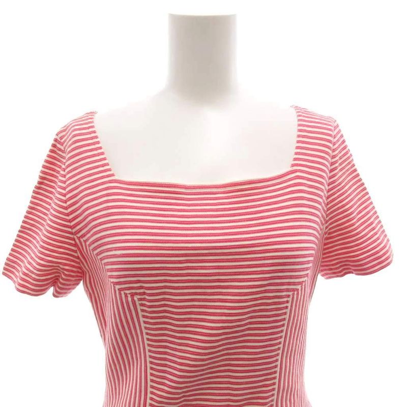 Christian Dior Dress 9 White Pink Border Pattern Square Neck Short Sleeve Knee