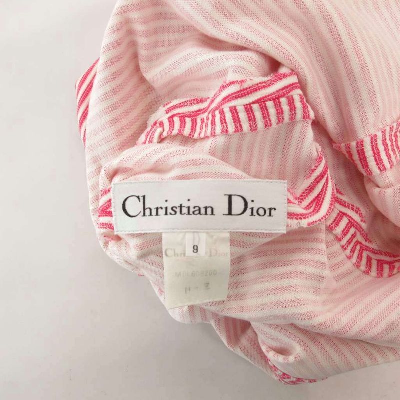 Christian Dior Dress 9 White Pink Border Pattern Square Neck Short Sleeve Knee