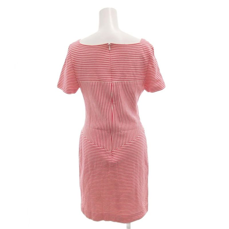 Christian Dior Dress 9 White Pink Border Pattern Square Neck Short Sleeve Knee