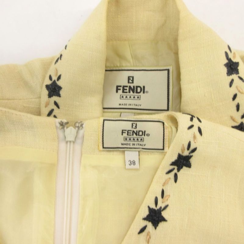 Fendi Setup Suit Jacket Dress Hemp Linen 38 Cream Notch Lapel Star Pattern Long