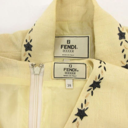 Fendi Setup Suit Jacket Dress Hemp Linen 38 Cream Notch Lapel Star Pattern Long