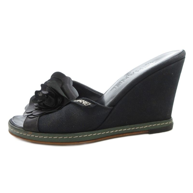 Chanel Camellia Sandals Leather 36.5 Black Wedge Sole Open Toe
