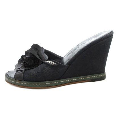 Chanel Camellia Sandals Leather 36.5 Black Wedge Sole Open Toe