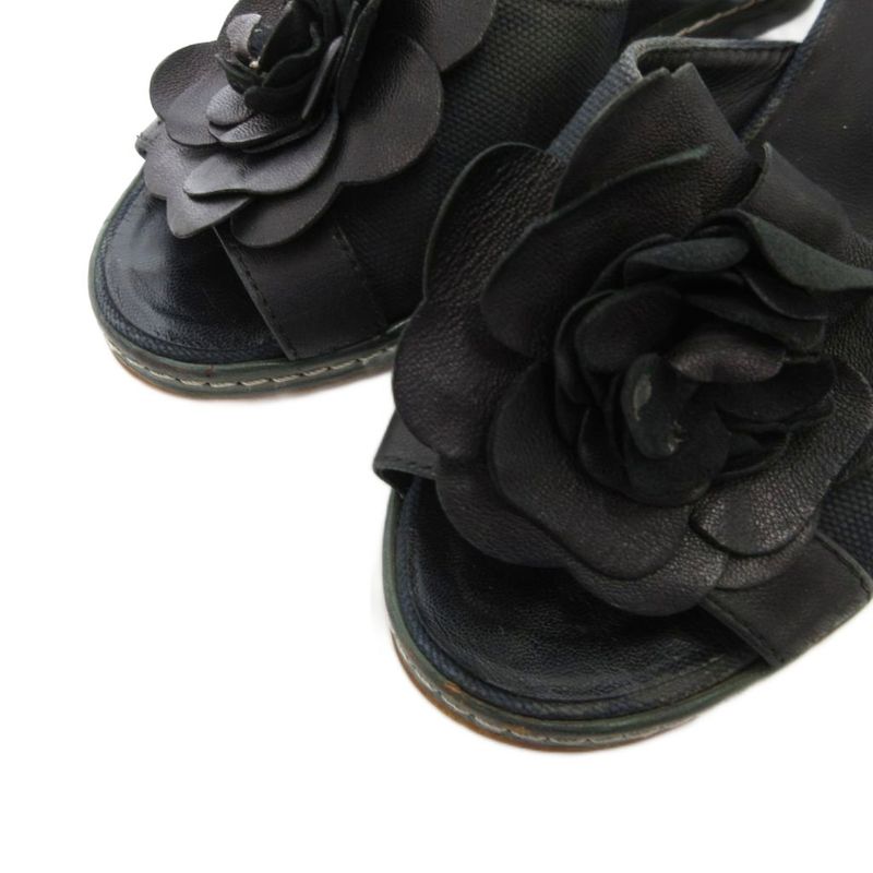 Chanel Camellia Sandals Leather 36.5 Black Wedge Sole Open Toe