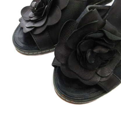 Chanel Camellia Sandals Leather 36.5 Black Wedge Sole Open Toe