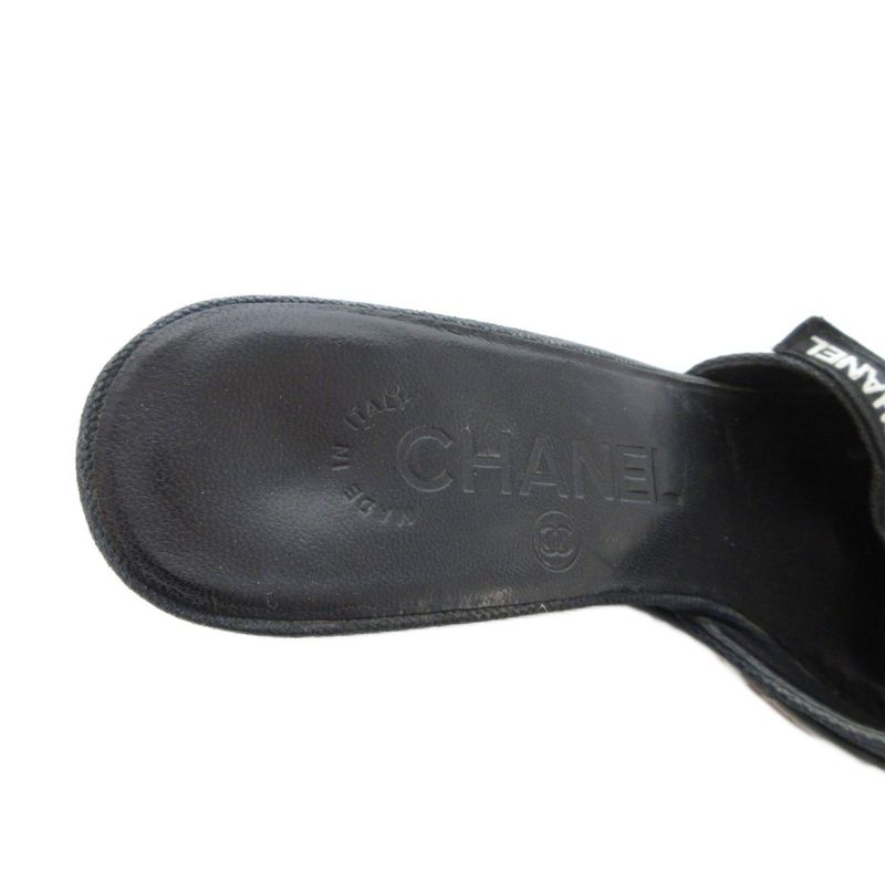 Chanel Camellia Sandals Leather 36.5 Black Wedge Sole Open Toe