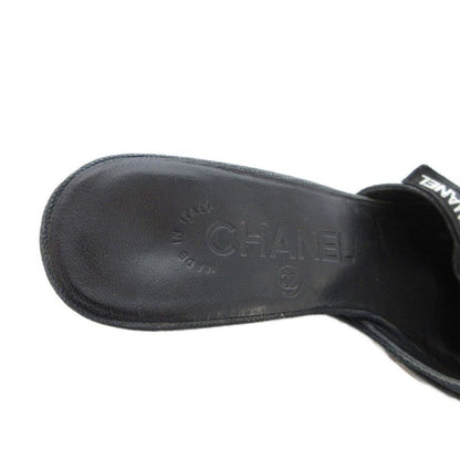 Chanel Camellia Sandals Leather 36.5 Black Wedge Sole Open Toe